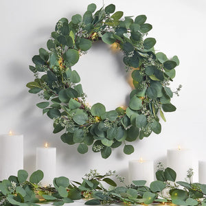 Eucalyptus Wreath for Front Door, 24 Inch Door Wreath with Lights, 80 LED Lights, Battery Operated