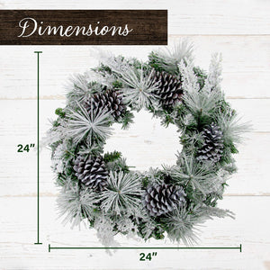 24" Christmas Snow Flocked Wreath Door Hanging with Oversized Pinecones, Festive Christmas Holiday Decorations