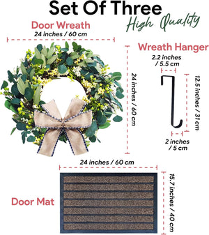 Eucalyptus Door Wreath - with Hanger and Durable Door Mat - 24’’ Spring Summer Fall Winter Artificial Wreath Eucalyptus Leaf