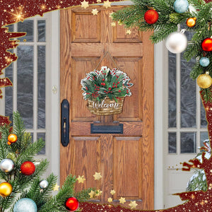 Christmas Hanging Sign for Front Door Christmas Welcome Wreath Door Decorations Red Berries Hanging Porch