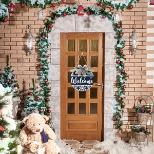 Blue Welcome Winter Front Door Sign Wreath(11.4”), Wooden 3D Welcome Home Decoration Wall Hanging with Plaid Bow Snowflake