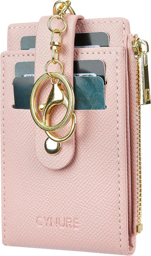 Women & Men Leather RFID Blocking Card Holder Slim Small Zipper Keychain Front Pocket Wallet with 2 ID Window, Pink