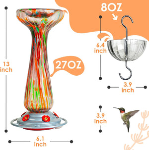 Hand Blown Glass Large 27 fl.oz, Never Fade, 5 Feeding Ports Includes an Ant Moat, Metal Hook