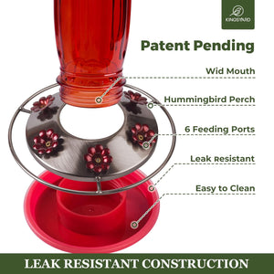 Glass Hummingbird Feeder for Outdoors Wild Bird Feeder with 6 Feeding Ports Hanging for Garden Yard, Red (Ant Moat Included)