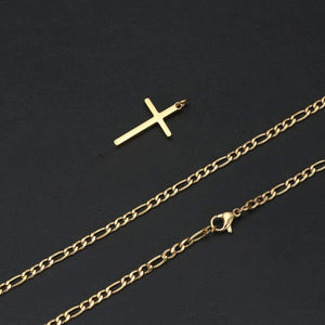 14K Gold Filled Cross Necklace for Men Figaro Chain Stainless Steel Plain Polished Cross Pendant