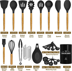 33 pcs Non-Stick Utensils Spatula Set with Holder, Black Wooden Handle Silicone Kitchen Gadgets