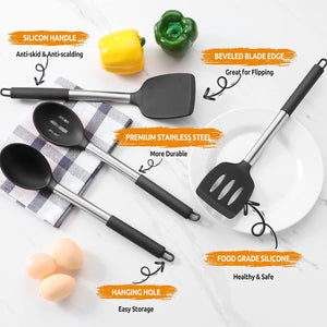 Cooking Utensils Set of 4, Silicone Kitchen Utensils for Non-stick Cookware, Heat Resistant & Non-toxic Slotted Spatula Solid Spoon Turner for Flipping Mixing Serving Basting(Black)