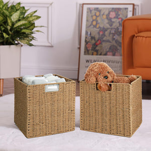 Wicker Storage Basket, Set of 2 Hand-Woven Wicker Basket, 11 inch Storage Baskets for Organizing and Decor, Foldable Cube Storage Organizer Bins Baskets for Shelves, Woven Basket, Natural
