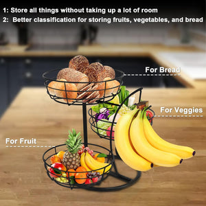 Fruit Basket Bowl with Banana Hanger, Fruit Vegetable Storage Basket with Banana Tree Holder for Kitchen Counter, Detachable Organizer for Bread Snack Produce (Black, 3-Tier Metal Base)