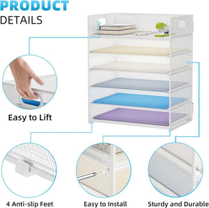 6 Tier Paper Organizer Letter Tray - Mesh Desk File Organizer with Handle, Paper Sorter Organizer for Letter/A4 Office File Folder Holder - White