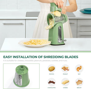 Rotary Cheese Grater with Handle - Vegetable Shredder with 5 Well-designed Blades & Strong Suction Base,Round Mandoline Slicer & Food Chopper for Kitchen,with Blade Storage Box(Retro Green)