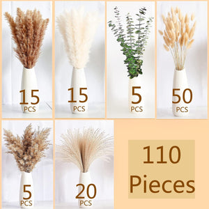 110 PCS of Boho Pampas Grass Decor, Naturally Dried Pompas, Bunny Tails Dried Flowers, and dried eucalyptus. Perfect for Weddings, Boho Party Decorations, and Table Decor