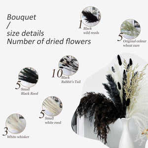 White and Black Dried Pampas Grass 17.7in Natural Dried Flowers Bouquet Pampas Grass Bunny Tail Vase Filler for Boho Pompous Grass Table Home Decor