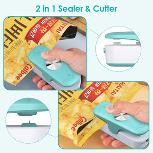 Mini Bag Sealer 2 in 1 Heat Sealer with Cutter, Portable Handheld Chip Bag Sealer Bag Resealer Sealing Machine Kitchen Gadget Food Storage, Green/White (Batteries Included)