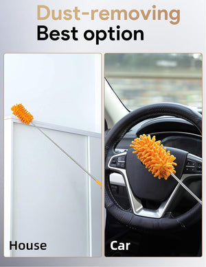 Hand Washable Dusters with 2pcs Replaceable Microfiber Head, Extendable Pole, Detachable Cleaning Supplies for Office, Car, Window, Furniture, Ceiling Fan, Bright Orange