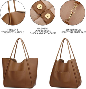 Tote Bag for Women Vegan Leather Shoulder Purse Large Capacity Travel Bag, Light Brown