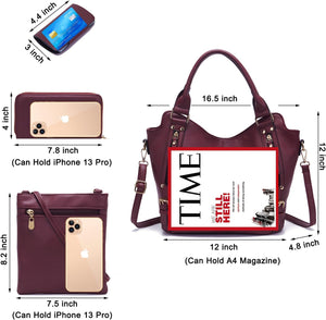 Purses for Women Large Shoulder Handbag Tote PU Leather Hobo Crossbody Bag Ladies Wallet Set 4pcs, Winered