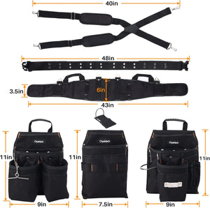 16-Pockets Tool Belts for man with Suspenders, Detachable & Adjustable Tool Pouches Bag & Back Support Tool belt Combo