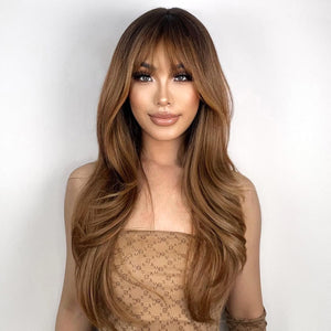 Light Brown Wigs for Women Brown Wig with Bangs 24‘’Ombre Brown Wig with Dark Roots Long Layered Wig Heat Resistant Synthetic Wig Natural Looking