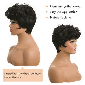 Short Pixie Wigs for Black Women Short Black Curly Pixie Wigs Synthetic Hair Wigs for Black Women Natural Wavy Black Pixie Cut Wig Short Curly Layered Pixie Wig for Women(Natural Black)