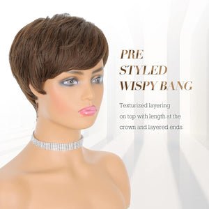 Short Pixie Cut Wigs Synthetic Coffee Brown Pixie Haircut Wig with Bangs Glueless Layered Wavy Wigs for Women