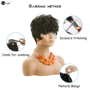 Pixie Cut Wigs Short Black Curly Pixie Wigs Layered Heat Resistant Wigs Pixie Cut Wig For Black Women Natural Wavy Wig with Bangs(black)