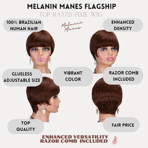 Layered Pixie Cut Short Wig With Bangs Tapered Style 100% Brazilian Human Hair Black with Auburn Highlights Ombre