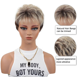 Ombre Blonde Pixie Cut Wig for White Black Women Short Layered Pixie Wig with Bangs Glueless Tapered Natural Hair Replacement Synthetic Wig