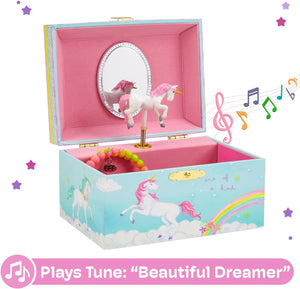 Girls Musical Jewelry Storage Box with Spinning Unicorn | Rainbow Design, The Beautiful Dreamer Tune - Enchanting Unicorn Musical Box | Ideal Gift for 5 Year Old Girls | 6 x 4 x 3.5 inches
