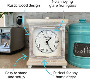 Rustic Shelf Clock Farmhouse Decor Distressed White Washed Wood Silent