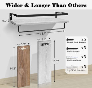 Set of 2 Rustic Cedar Wood Floating Shelf with Rails & Towel Holder(White)