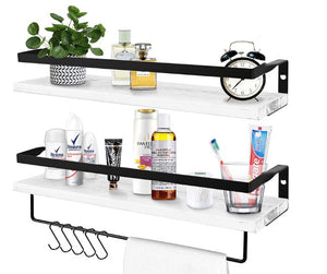 Set of 2 Rustic Cedar Wood Floating Shelf with Rails & Towel Holder(White)