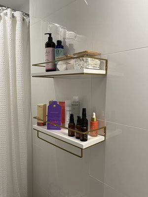 Set of 2 White Floating Shelves Golden Towel Rack, Decorative Storage Shelves for Bathroom, Kitchen