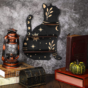 Rustic Wooden Cat Moon Shelves, Brown
