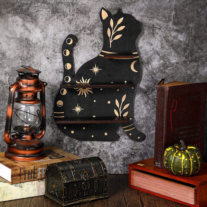 Rustic Wooden Cat Moon Shelves, Brown