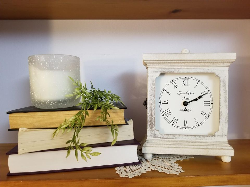 Rustic Shelf Clock Farmhouse Decor Distressed White Washed Wood Silent