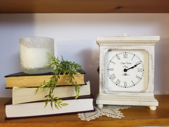 Rustic Shelf Clock Farmhouse Decor Distressed White Washed Wood Silent