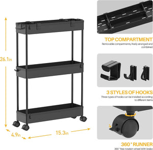 Slim Storage Cart,3 Tier Bathroom Rolling Slide Out Utility Cart, Mobile Shelving Unit Organizer Trolley for Office Bathroom Kitchen Laundry Room Narrow Places