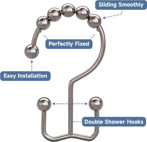 Shower Curtain Rings Rust Proof Metal Double Glide, Set of 12 Hooks - Nickel