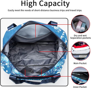 Large Capacity Foldable Travel Bag Expandable Portable Carry on Bag Dry&Wet Separation Sports Duffel Bags, Blue Flower