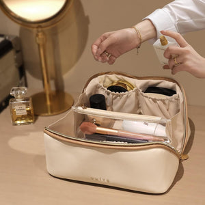 Large Capacity Cosmetic Bag for Women Portable Waterproof PU Leather Makeup Bag Open Flat Makeup Organizer, Beige