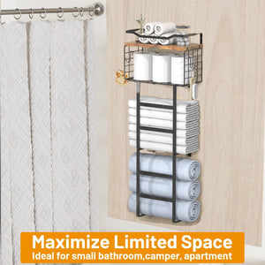 Towel Rack Wall Mounted with 2 Pack Towel Shelf and a Wire Basket Storage and Organizer, Sturdy Metal & Wood, Black