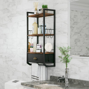 3 Tier Bathroom Towel Rack Shelf with Storage Drawer Double Towel Bars and Hooks