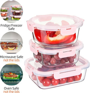 Glass Meal Prep Containers Set of 12 Food Storage Containers for Lunches, Dishwasher Safe, Pink