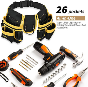 26-Pockets Nylon Tool Belts for Men,Detachable & Adjustable Tool Pouch Bag ,  Black, Yellow