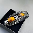 Men Bracelet Natural Tiger's Eye 3 Strands Leather Stainless Steel Bracelet Gift