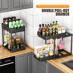 2 Pack Double Sliding Under Sink Organizers and Storage,Two Tier Bathroom Storage and organization,Under Cabinet Organizer with Hooks,Home Organization