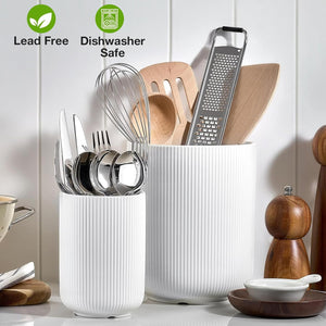 Large Kitchen Utensil Holder Set of 2, 7.3" + 5.4" Ceramic Cooking Utensil Holder for Countertop, Large Utensils Crock