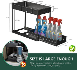 Under Sink Organizers and Storage 2 Pack - 2 Tier Sliding Bathroom Cabinet Organizer with Hooks