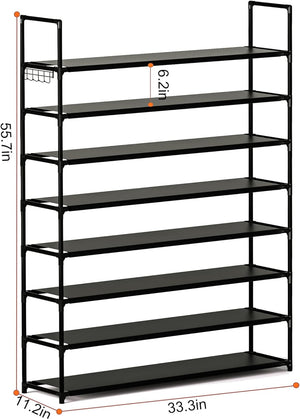 8 Tier Shoe Organizer, 33.3in Wide x 11.2in Deep x 55.7in Tall, Black Metal and Plastic Shoe Rack, Black